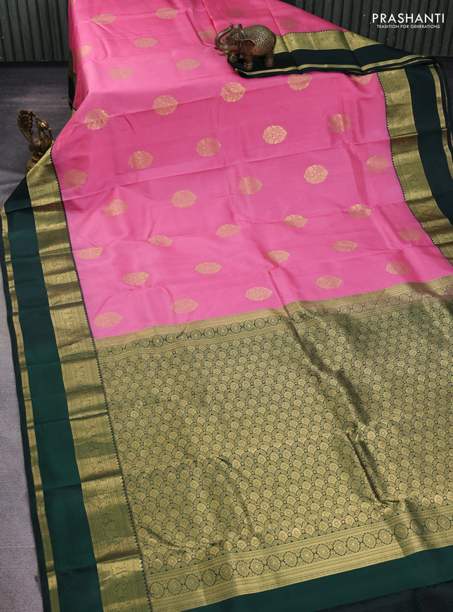 Pure kanchipuram silk saree peach pink and bottle green with zari woven buttas and rettapet zari woven korvai border