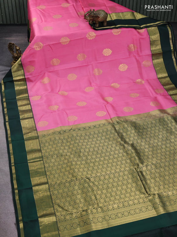 Pure kanchipuram silk saree peach pink and bottle green with zari woven buttas and rettapet zari woven korvai border