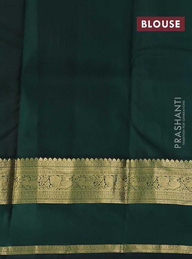 Pure kanchipuram silk saree peach pink and bottle green with zari woven buttas and rettapet zari woven korvai border