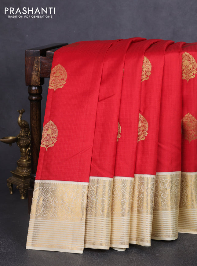 Pure kanchipuram silk saree red and cream with zari woven buttas and zari woven korvai border