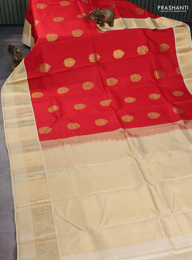 Pure kanchipuram silk saree red and cream with zari woven buttas and zari woven korvai border