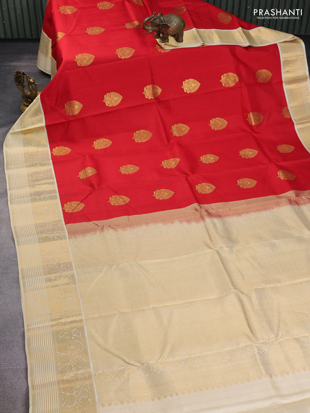 Pure kanchipuram silk saree red and cream with zari woven buttas and zari woven korvai border