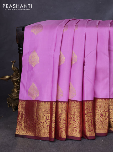 Pure kanchipuram silk saree lavender and deep maroon with zari woven buttas and zari woven korvai border