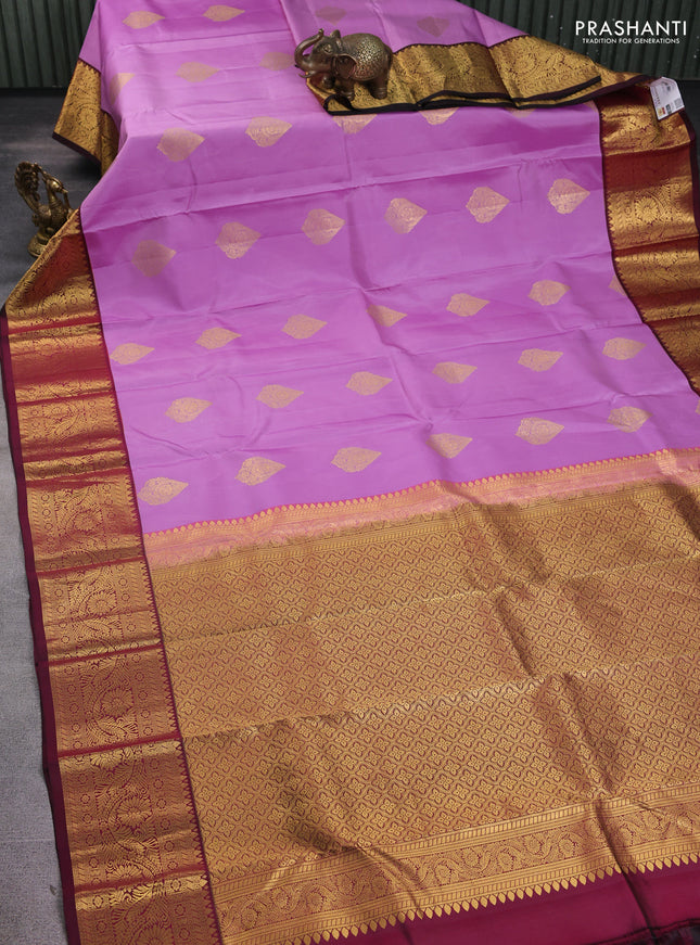 Pure kanchipuram silk saree lavender and deep maroon with zari woven buttas and zari woven korvai border