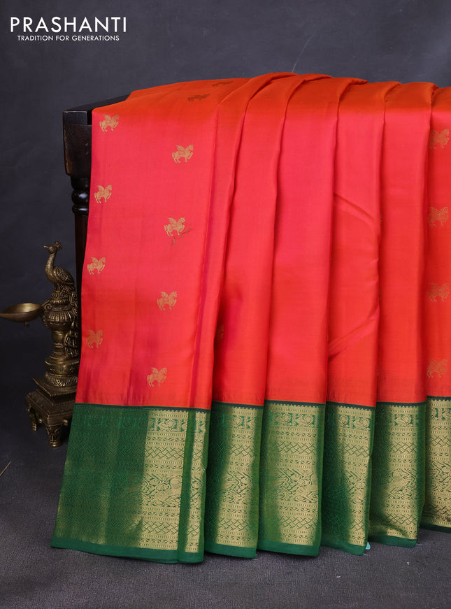 Pure kanchipuram silk saree dual shade of pinkish yellow and green with allover zari woven buttas and zari woven border