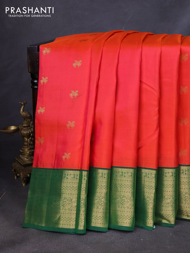 Pure kanchipuram silk saree dual shade of pinkish yellow and green with allover zari woven buttas and zari woven border
