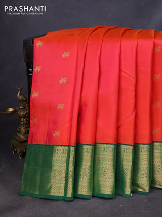Pure kanchipuram silk saree dual shade of pinkish yellow and green with allover zari woven buttas and zari woven border
