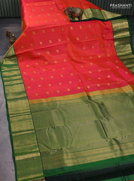Pure kanchipuram silk saree dual shade of pinkish yellow and green with allover zari woven buttas and zari woven border