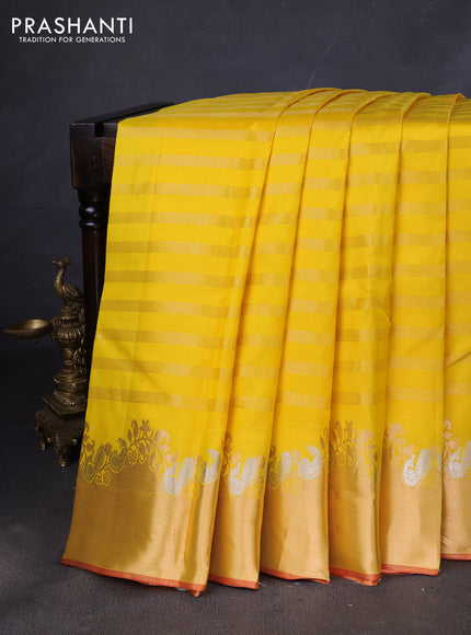 Pure kanchipuram silk saree yellow and red with allover zari weaves and zari woven border