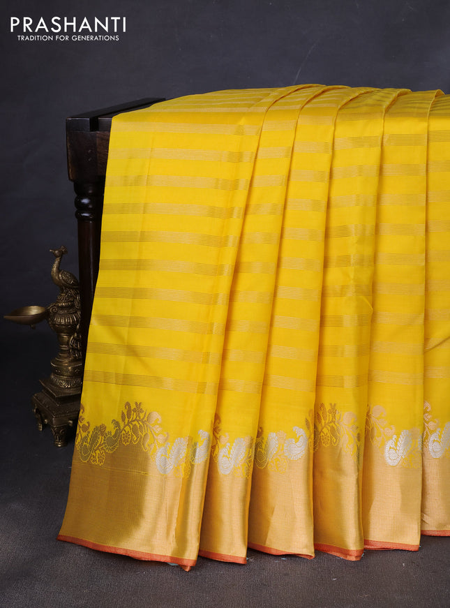 Pure kanchipuram silk saree yellow and red with allover zari weaves and zari woven border