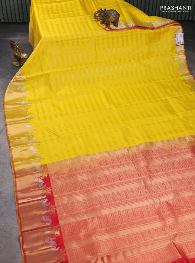 Pure kanchipuram silk saree yellow and red with allover zari weaves and zari woven border