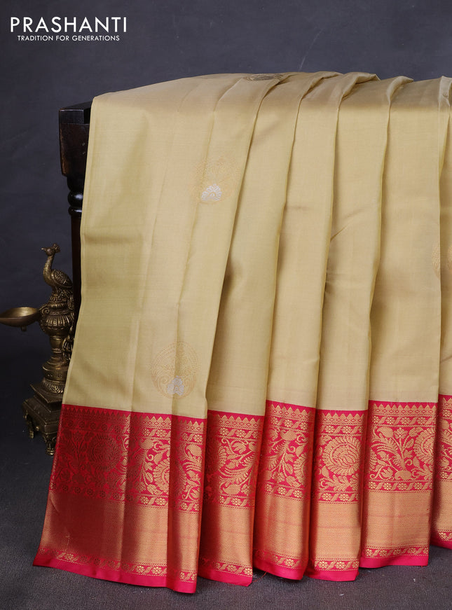 Pure kanchipuram silk saree beige and pink with zari woven buttas and zari woven korvai border