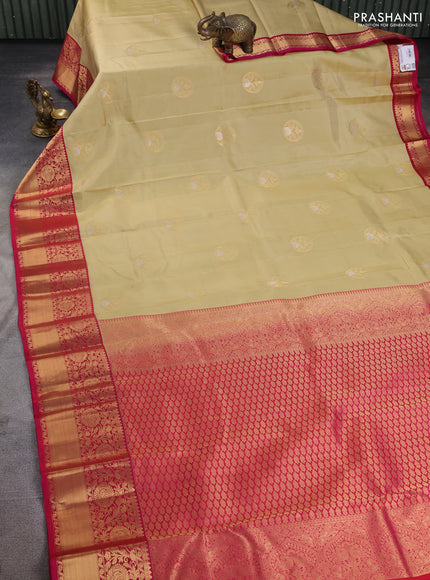Pure kanchipuram silk saree beige and pink with zari woven buttas and zari woven korvai border