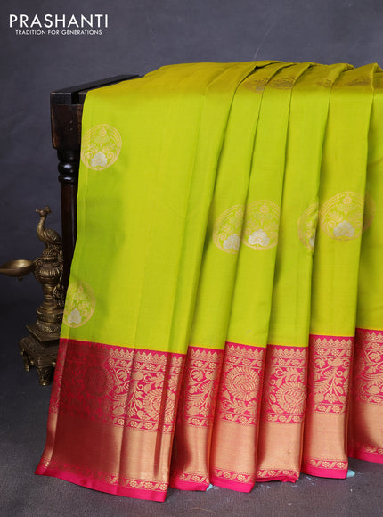 Pure kanchipuram silk saree lime green and pink with zari woven buttas and zari woven korvai border