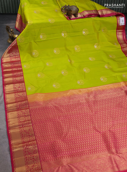 Pure kanchipuram silk saree lime green and pink with zari woven buttas and zari woven korvai border