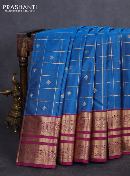 Pure kanchipuram silk saree peacock blue and magenta pink with zari woven buttas and zari woven border