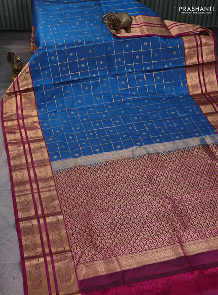 Pure kanchipuram silk saree peacock blue and magenta pink with zari woven buttas and zari woven border