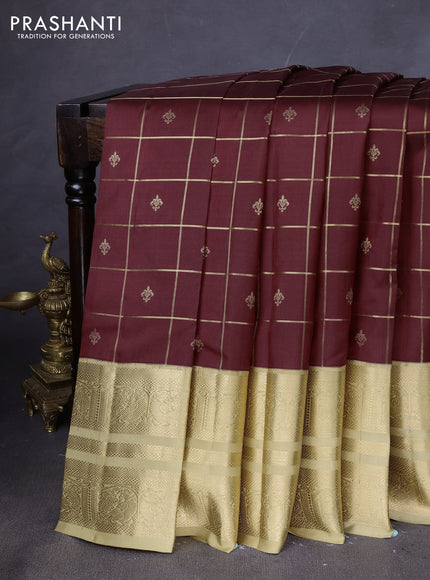 Pure kanchipuram silk saree coffee brown and sandal with allover zari checks & buttas and long zari woven korvai border