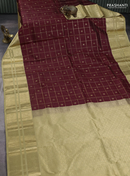 Pure kanchipuram silk saree coffee brown and sandal with allover zari checks & buttas and long zari woven korvai border