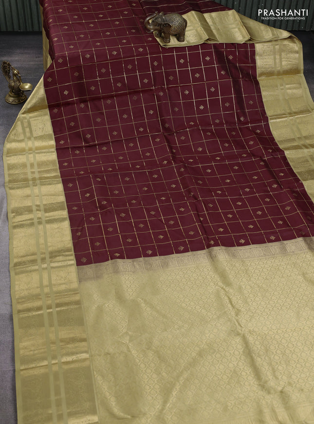 Pure kanchipuram silk saree coffee brown and sandal with allover zari checks & buttas and long zari woven korvai border