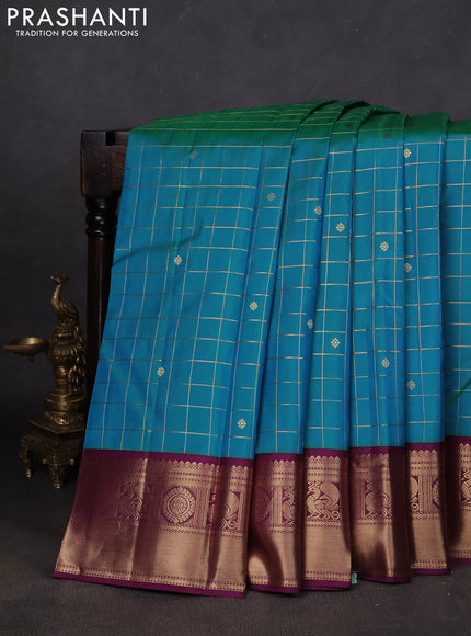 Pure kanchipuram silk saree dual shade of green and purple with allover zari checks & buttas and zari woven korvai border