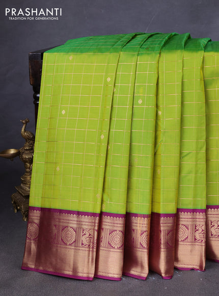 Pure kanchipuram silk saree light green and purple with allover zari checks & buttas and zari woven korvai border