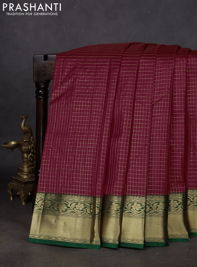 Pure kanchipuram silk saree maroon and green with allover zari checked pattern and zari woven border