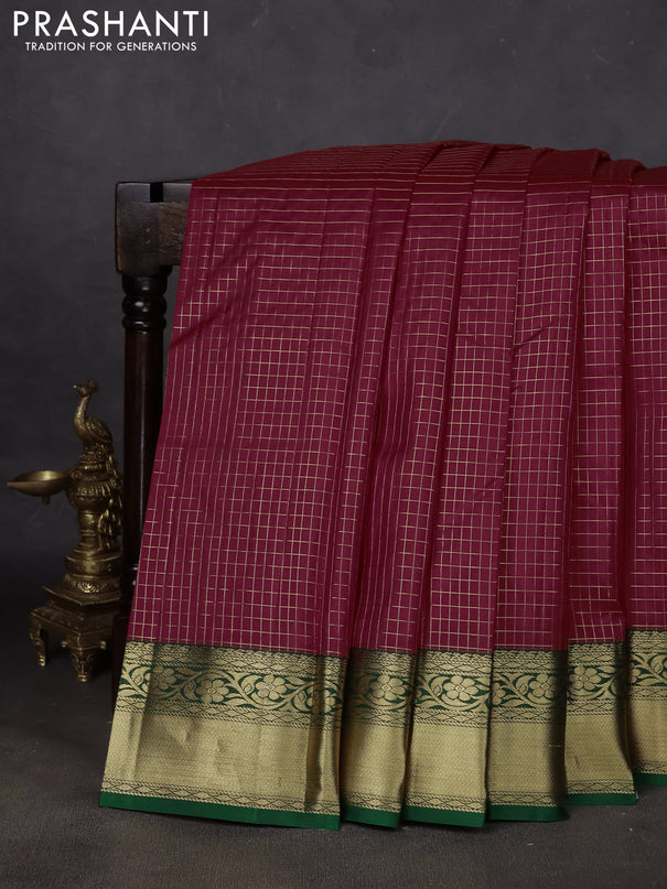Pure kanchipuram silk saree maroon and green with allover zari checked pattern and zari woven border