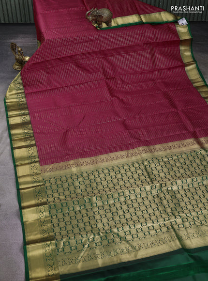 Pure kanchipuram silk saree maroon and green with allover zari checked pattern and zari woven border