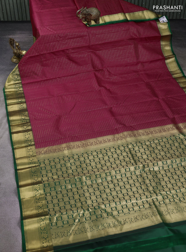 Pure kanchipuram silk saree maroon and green with allover zari checked pattern and zari woven border