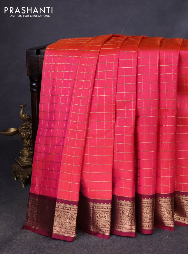 Pure kanchipuram silk saree pink and wine shade with allover zari checked pattern and zari woven border