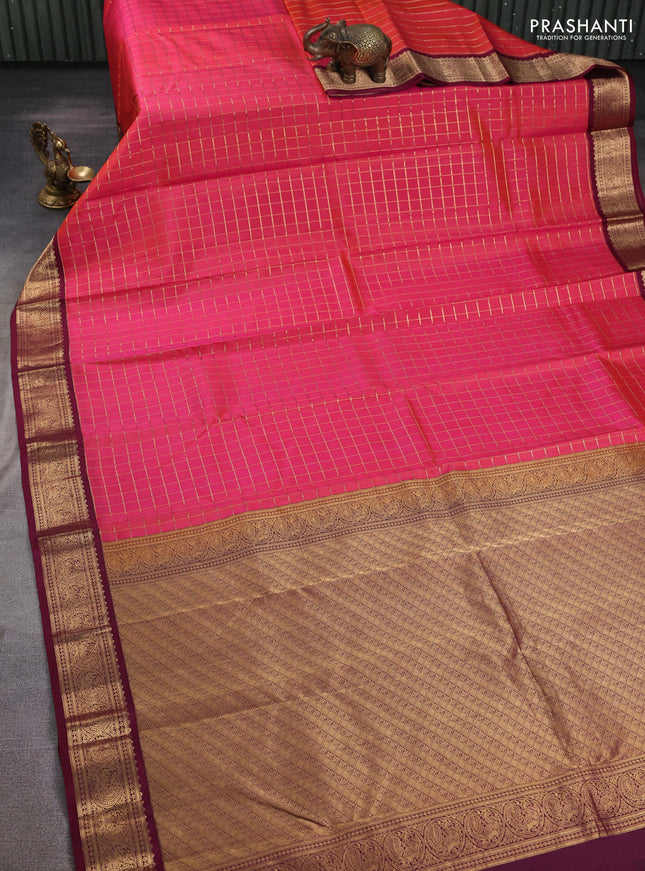 Pure kanchipuram silk saree pink and wine shade with allover zari checked pattern and zari woven border