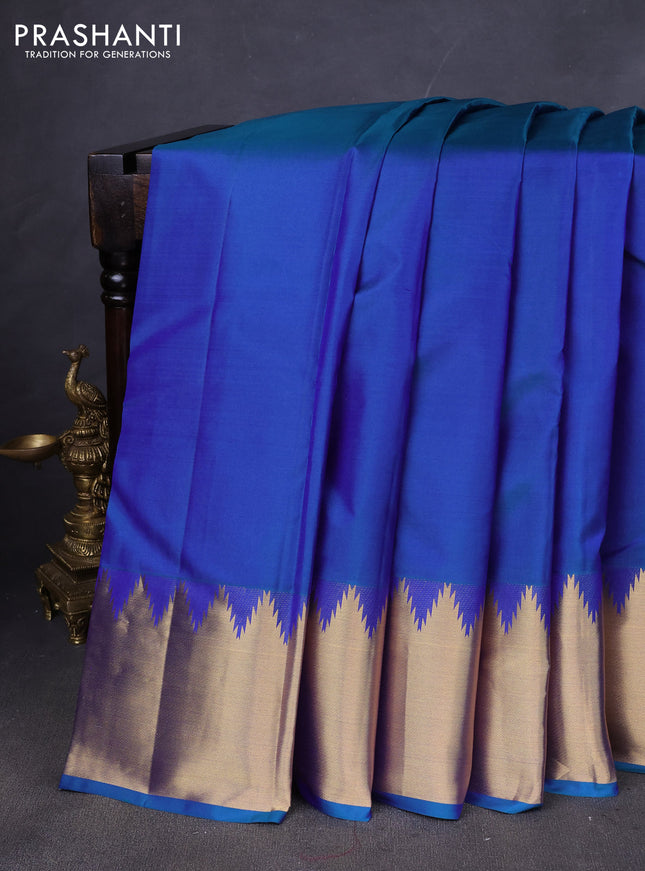Pure kanchipuram silk saree dual shade of greenish blue with plain body and temple zari woven border