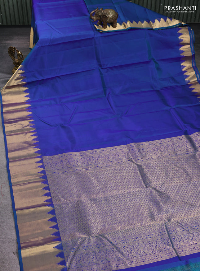 Pure kanchipuram silk saree dual shade of greenish blue with plain body and temple zari woven border