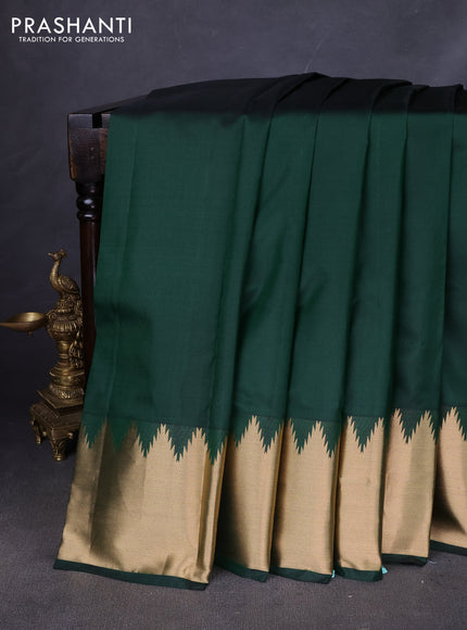 Pure kanchipuram silk saree bottle green with plain body and temple zari woven border