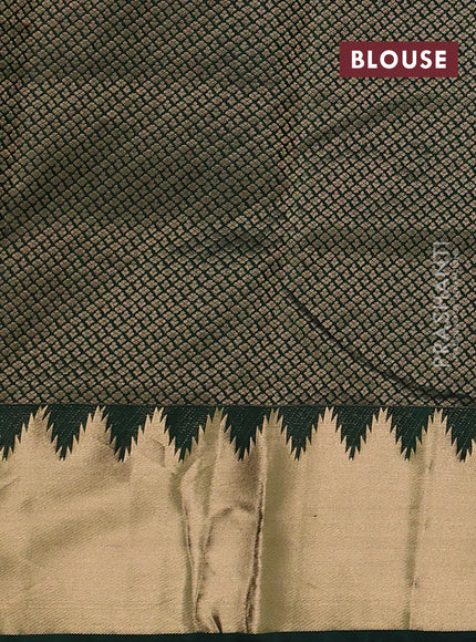 Pure kanchipuram silk saree bottle green with plain body and temple zari woven border