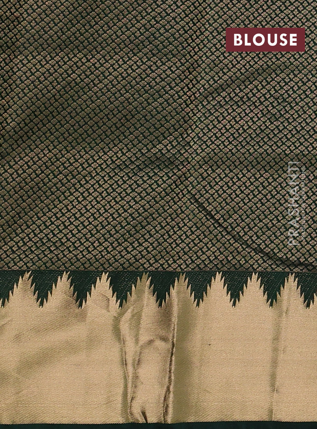 Pure kanchipuram silk saree bottle green with plain body and temple zari woven border