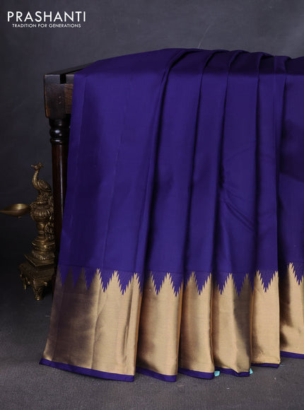 Pure kanchipuram silk saree navy blue with plain body and temple zari woven border