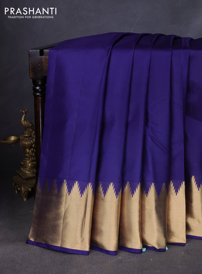 Pure kanchipuram silk saree navy blue with plain body and temple zari woven border