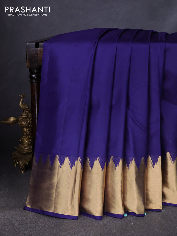 Pure kanchipuram silk saree navy blue with plain body and temple zari woven border