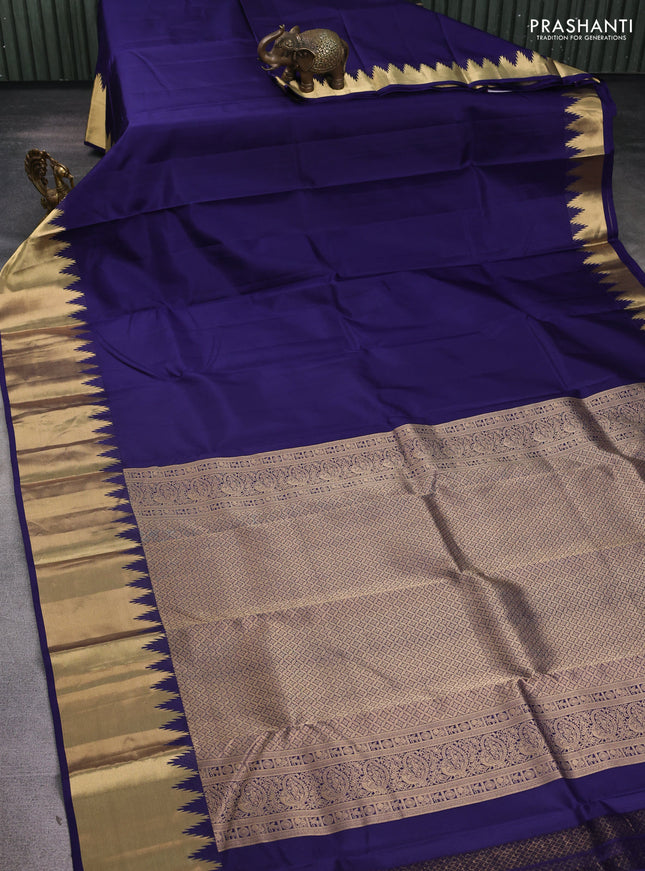 Pure kanchipuram silk saree navy blue with plain body and temple zari woven border
