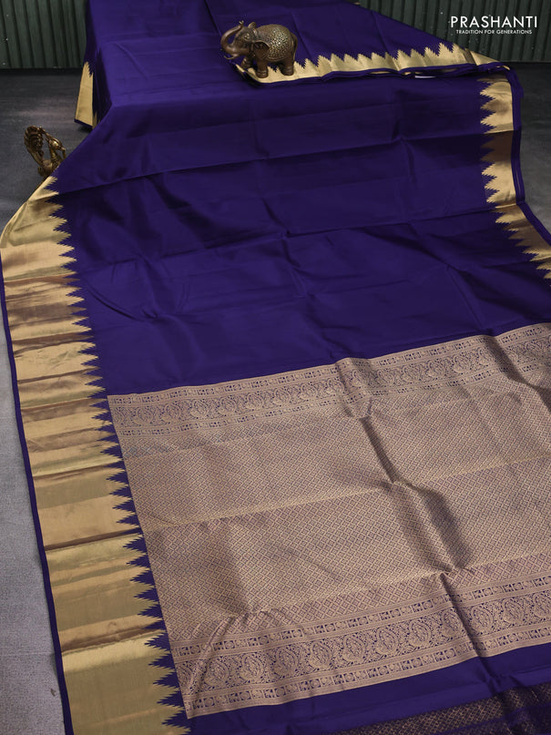Pure kanchipuram silk saree navy blue with plain body and temple zari woven border