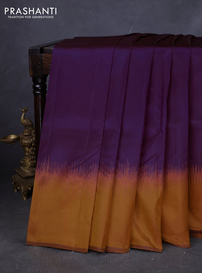 Pure kanchipuram silk saree purple and dark mustard with plain body and simple border
