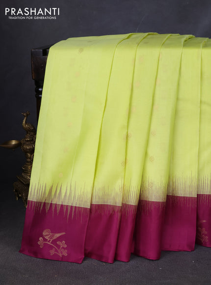 Pure kanchipuram silk saree fluorescent green and purple with zari woven buttas and zari woven butta border