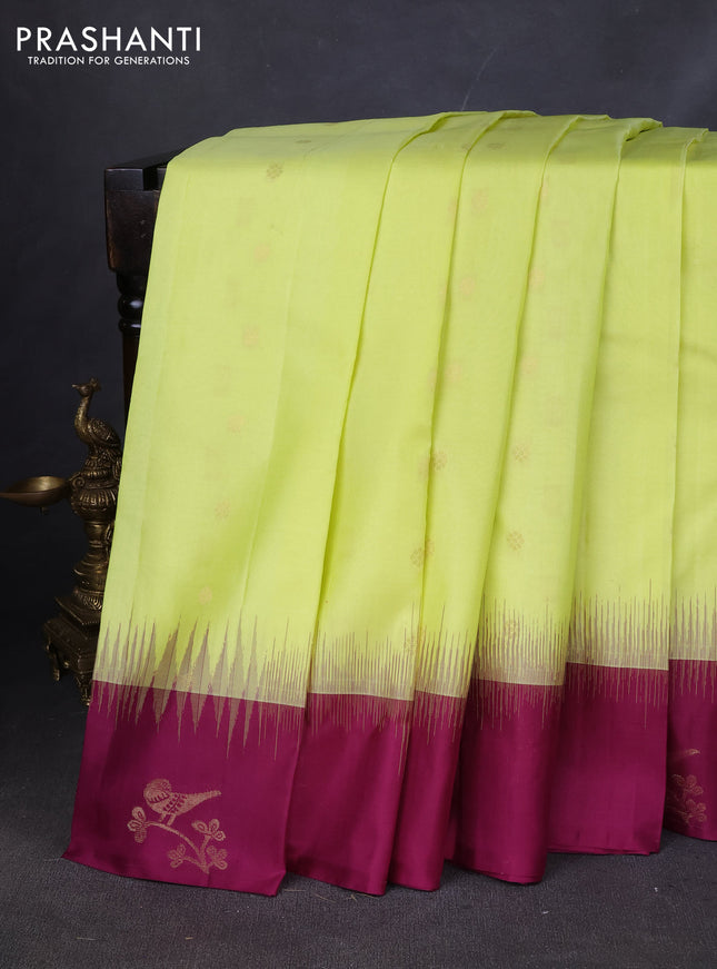 Pure kanchipuram silk saree fluorescent green and purple with zari woven buttas and zari woven butta border