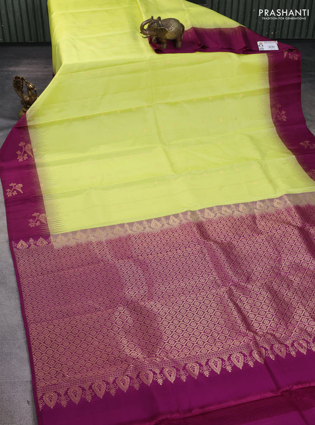 Pure kanchipuram silk saree fluorescent green and purple with zari woven buttas and zari woven butta border