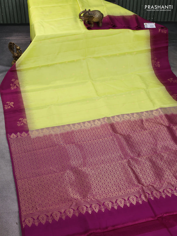 Pure kanchipuram silk saree fluorescent green and purple with zari woven buttas and zari woven butta border