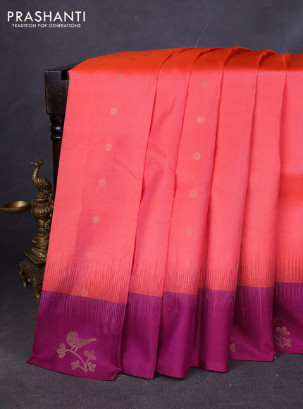 Pure kanchipuram silk saree peach shade and purple with zari woven buttas and zari woven butta border