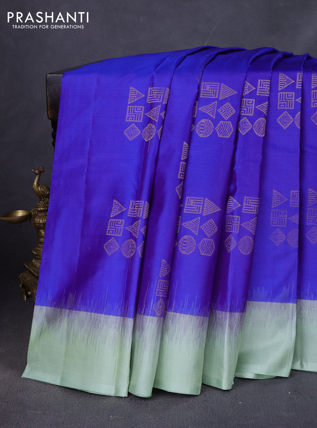 Pure kanchipuram silk saree blue and pastel green with zari woven buttas and simple border