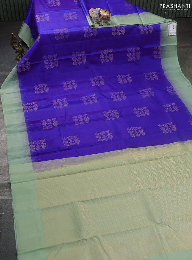 Pure kanchipuram silk saree blue and pastel green with zari woven buttas and simple border